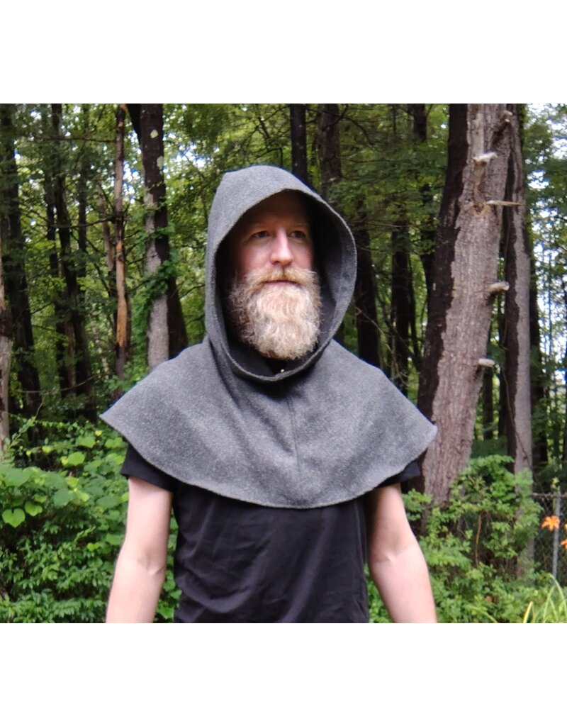 Cloakmakers.com H538-Washable Grey Wool Blend Herringbone Pattern Hooded Cowl w/ Pointy Hood