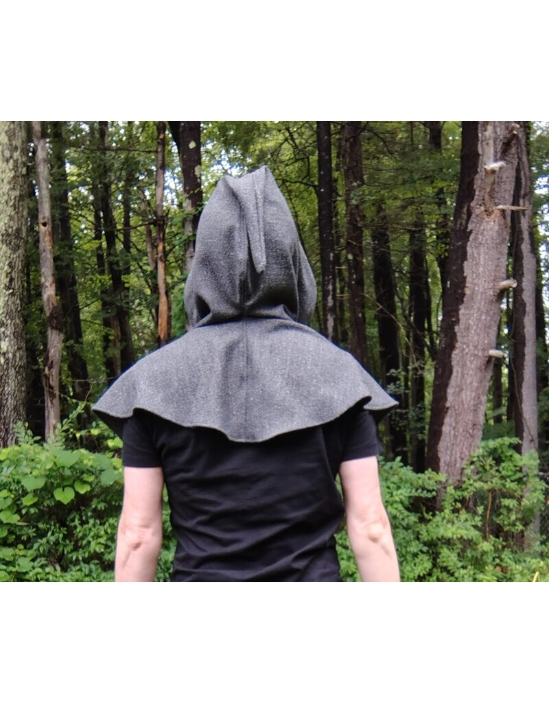 Cloakmakers.com H538-Washable Grey Wool Blend Herringbone Pattern Hooded Cowl w/ Pointy Hood