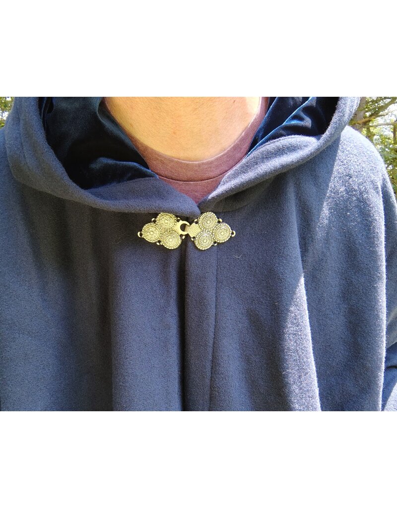 Cloakmakers.com 5760-Washable Blue Wool Cloak w/ Blue Velvet Hood Lining & Triple Medallion Clasp