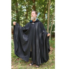 Cloakmakers.com 5761-Washable Black Woven Wool Cloak w/ Blue Moleskin Hood Lining & Triple Medallion Clasp