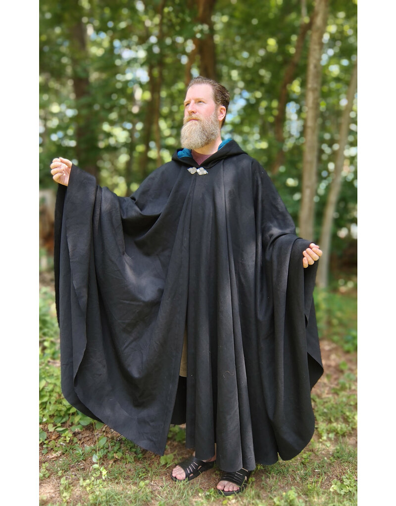 Cloakmakers.com 5761-Washable Black Wool Cloak w/ Blue Moleskin Hood Lining & Triple Medallion Clasp