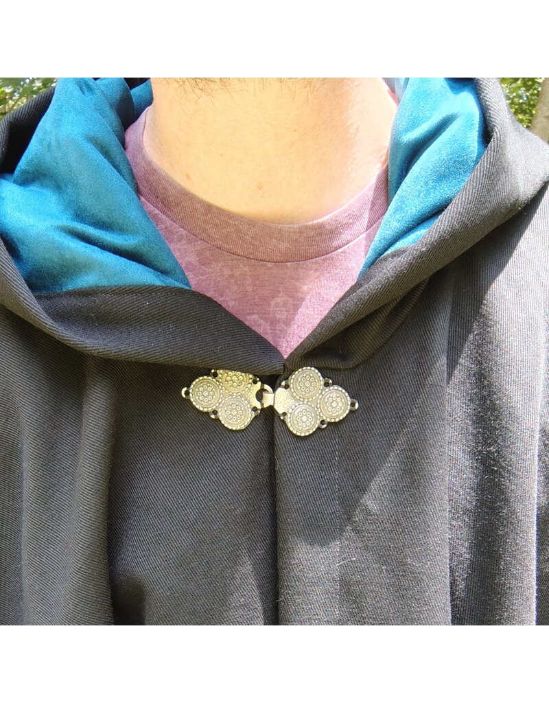 Cloakmakers.com 5761-Washable Black Wool Cloak w/ Blue Moleskin Hood Lining & Triple Medallion Clasp