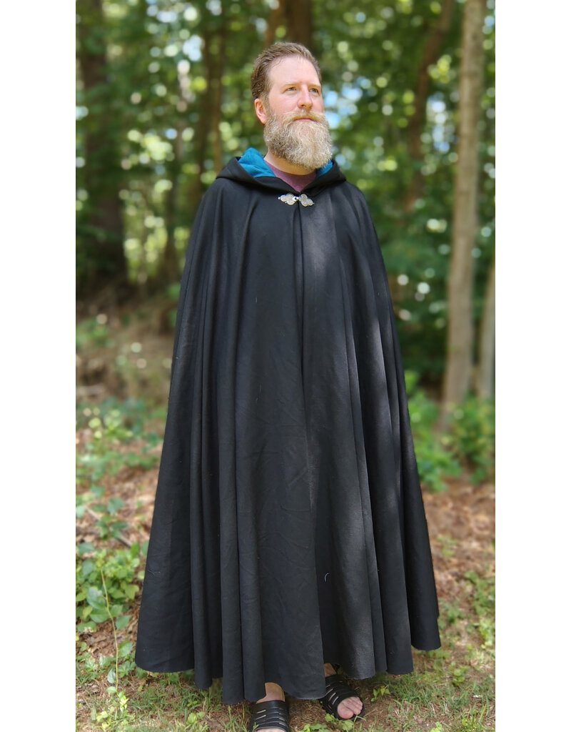 Cloakmakers.com 5761-Washable Black Wool Cloak w/ Blue Moleskin Hood Lining & Triple Medallion Clasp