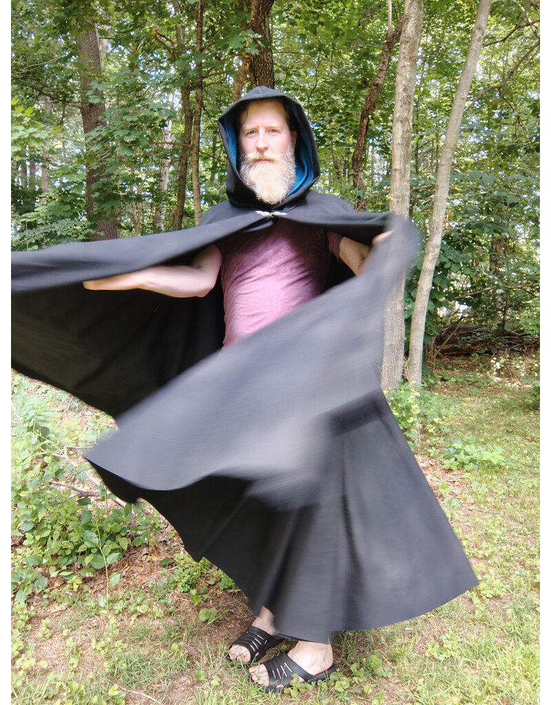 Cloakmakers.com 5761-Washable Black Wool Cloak w/ Blue Moleskin Hood Lining & Triple Medallion Clasp