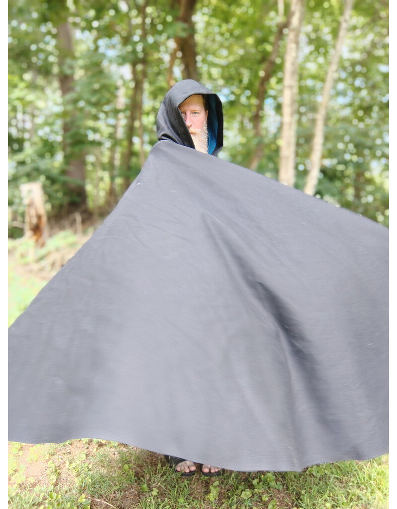 Cloakmakers.com 5761-Washable Black Wool Cloak w/ Blue Moleskin Hood Lining & Triple Medallion Clasp