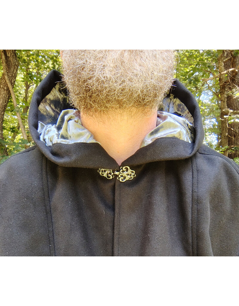 Cloakmakers.com 5762-Washable Black Faux Wool Cloak w/ Silver Velvet Hood Lining & Pockets