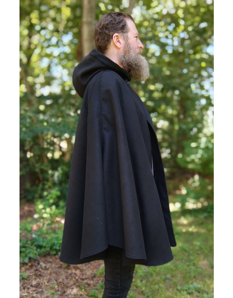 Cloakmakers.com 5762-Washable Black Faux Wool Cloak w/ Silver Velvet Hood Lining & Pockets