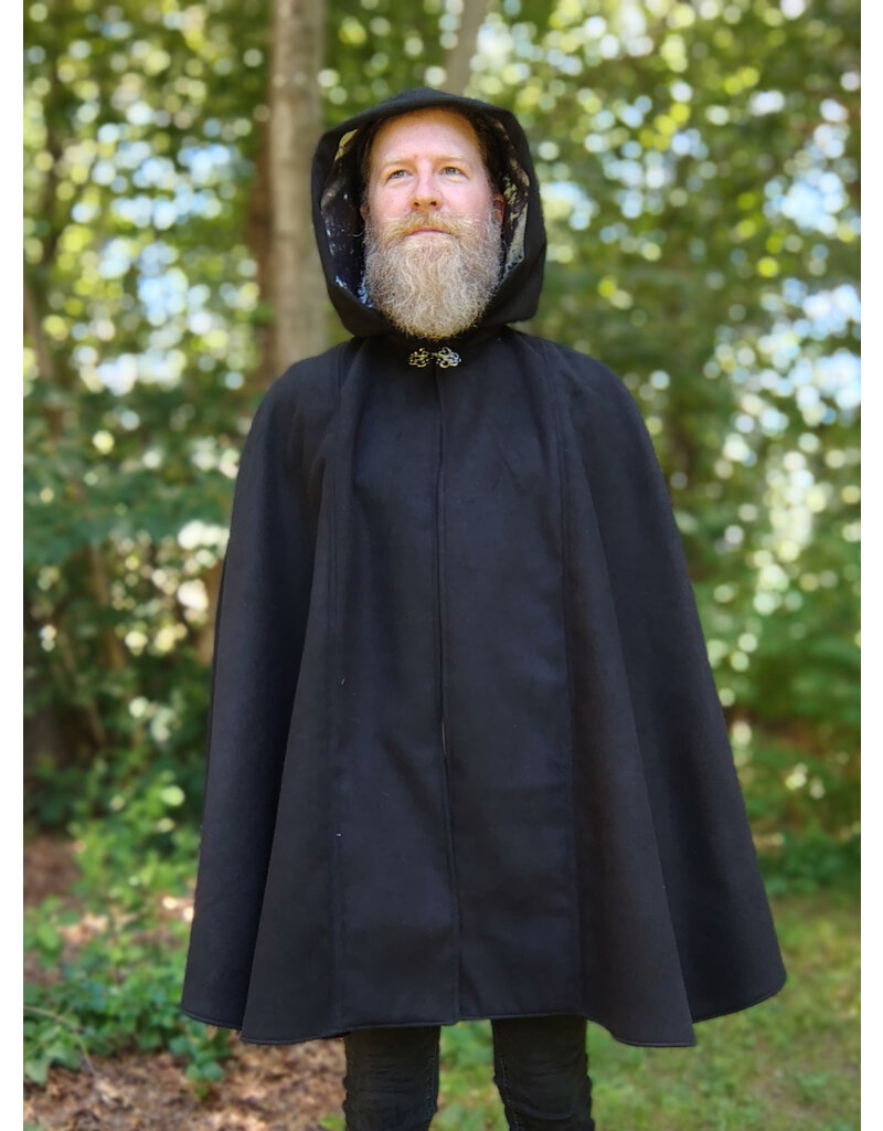 Cloakmakers.com 5762-Washable Black Faux Wool Cloak w/ Silver Velvet Hood Lining & Pockets