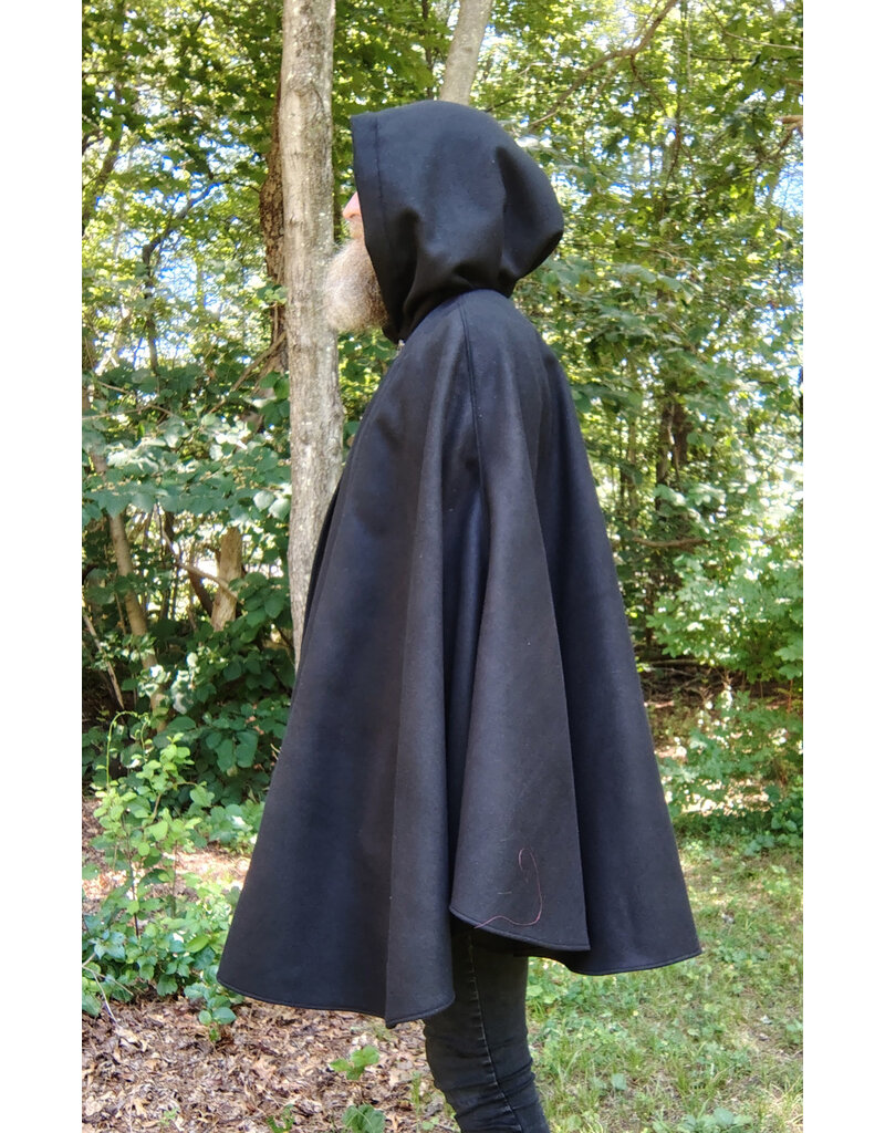 Cloakmakers.com 5762-Washable Black Faux Wool Cloak w/ Silver Velvet Hood Lining & Pockets