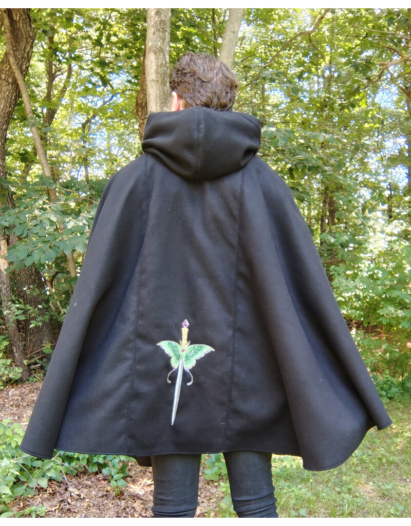 Cloakmakers.com 5762-Washable Black Faux Wool Cloak w/ Silver Velvet Hood Lining & Pockets