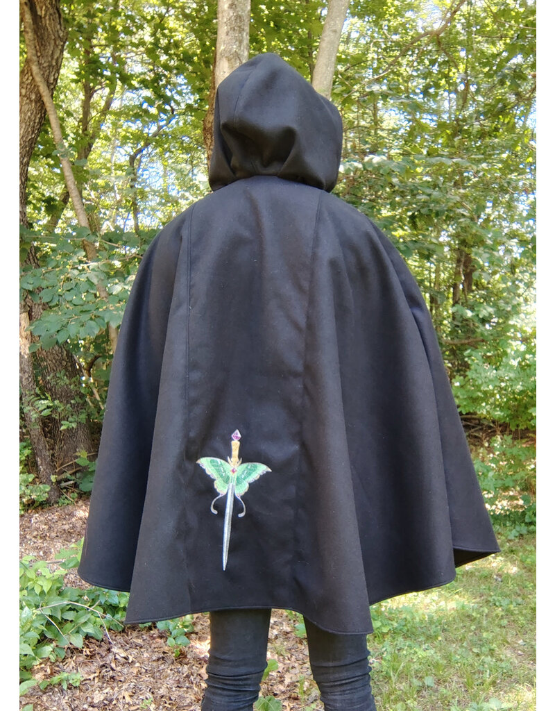 Cloakmakers.com 5762-Washable Black Faux Wool Cloak w/ Silver Velvet Hood Lining & Pockets