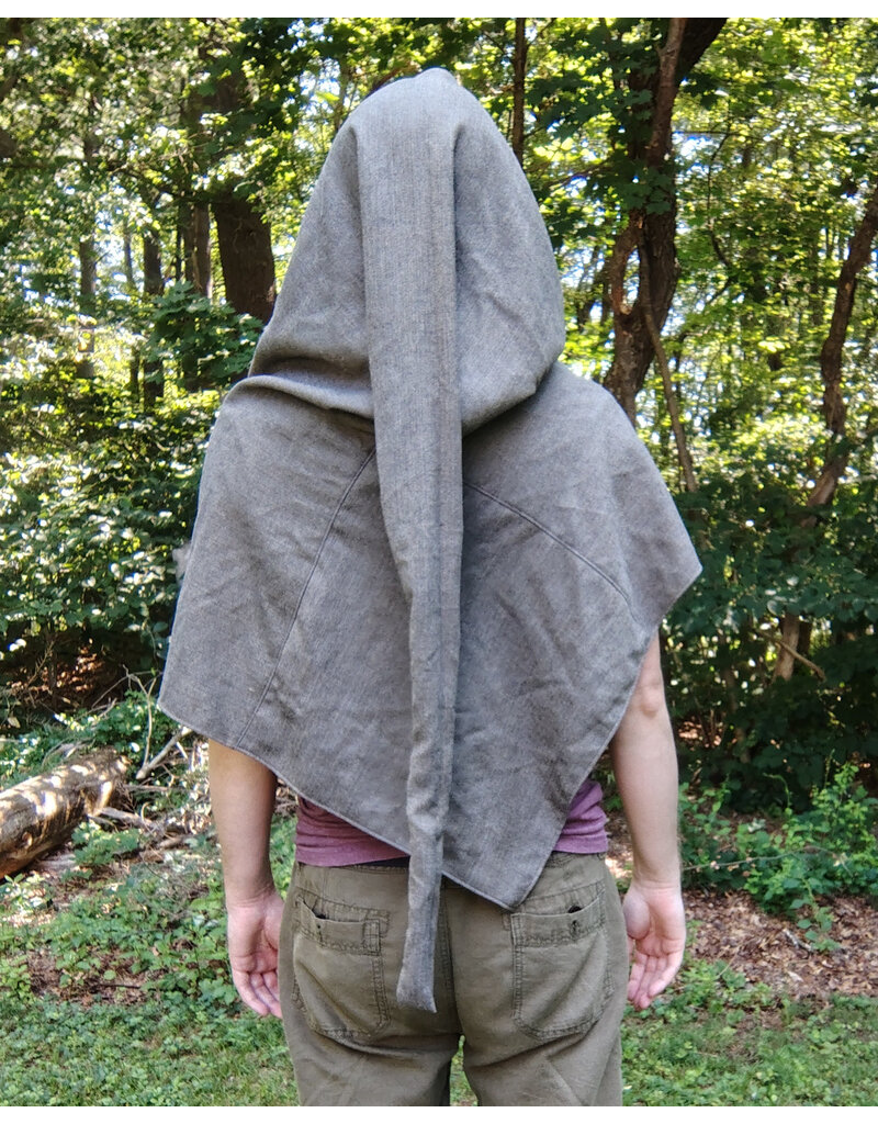 Cloakmakers.com H540-Washable Grey Hooded Cowl w/ Owl & Moon Embroidery & Long Pointy Hood