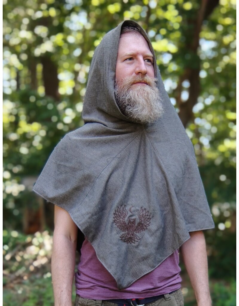Cloakmakers.com H540-Washable Grey Hooded Cowl w/ Owl & Moon Embroidery & Long Pointy Hood