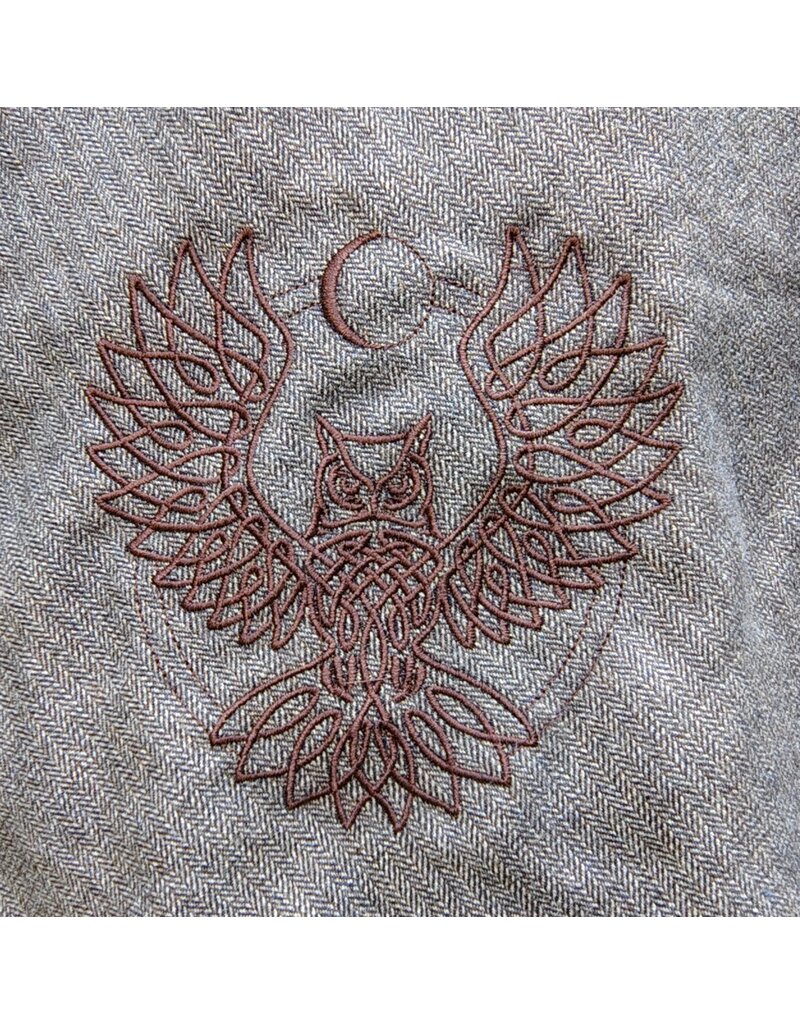 Cloakmakers.com H540-Washable Grey Hooded Cowl w/ Owl & Moon Embroidery & Long Pointy Hood
