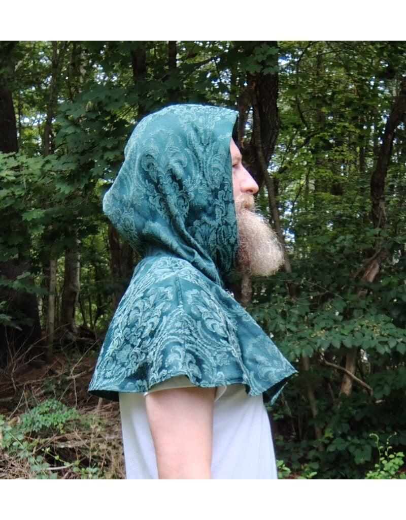 Cloakmakers.com 5764-Washable Green Brocade Polyester Short Cloak w/ Byzantine Swirls Clasp