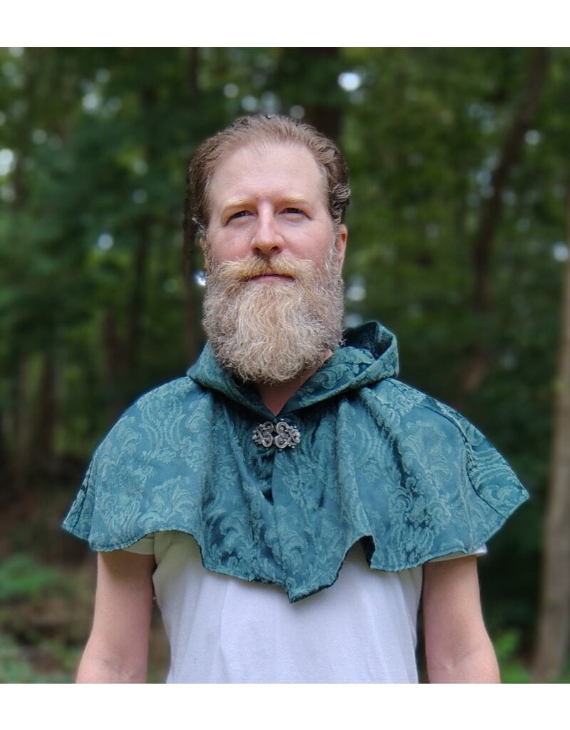 Cloakmakers.com 5764-Washable Green Brocade Polyester Short Cloak w/ Byzantine Swirls Clasp