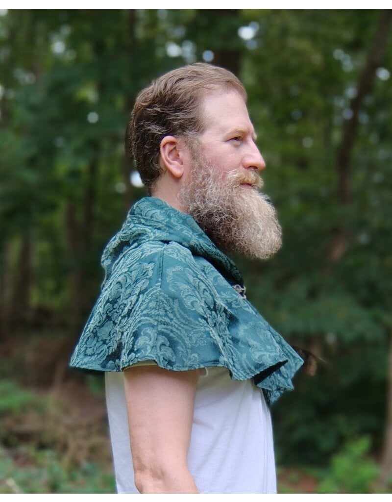 Cloakmakers.com 5764-Washable Green Brocade Polyester Short Cloak w/ Byzantine Swirls Clasp