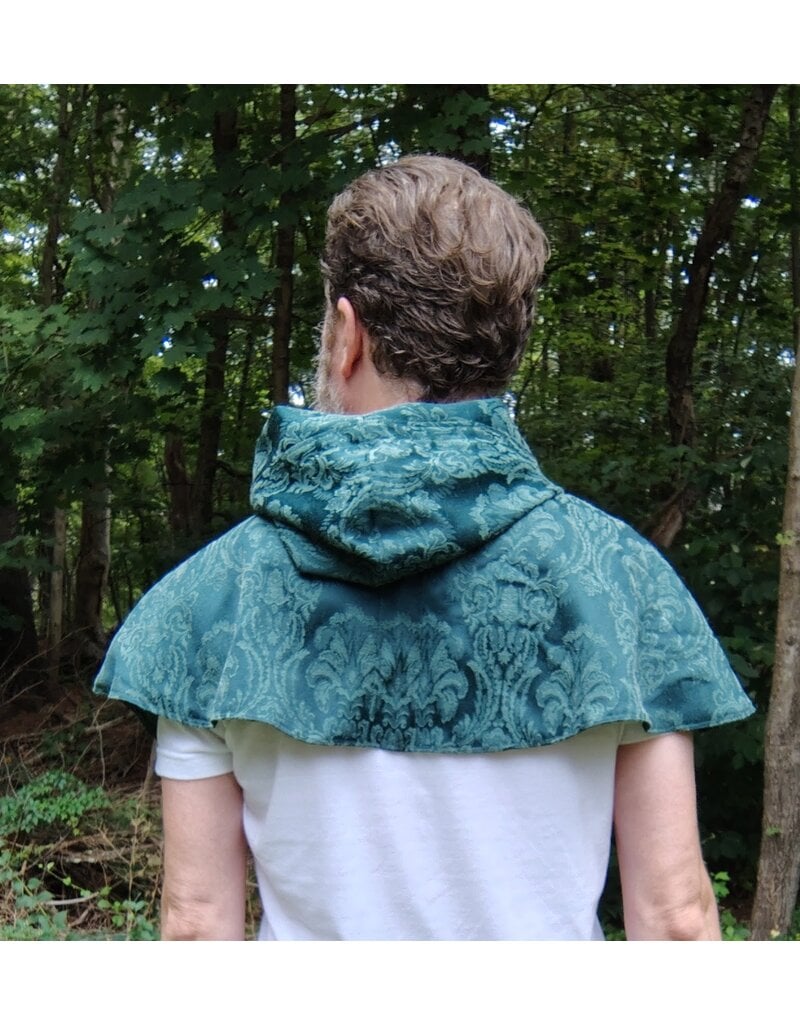 Cloakmakers.com 5764-Washable Green Brocade Polyester Short Cloak w/ Byzantine Swirls Clasp
