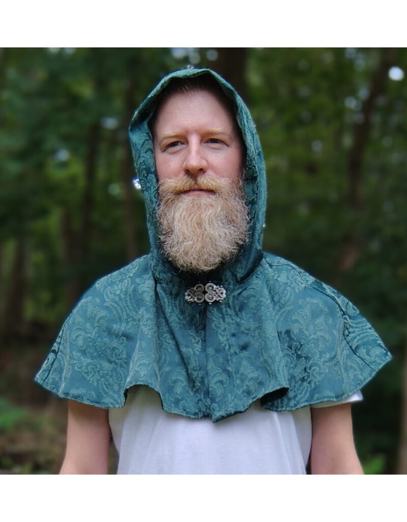 Cloakmakers.com 5764-Washable Green Brocade Polyester Short Cloak w/ Byzantine Swirls Clasp