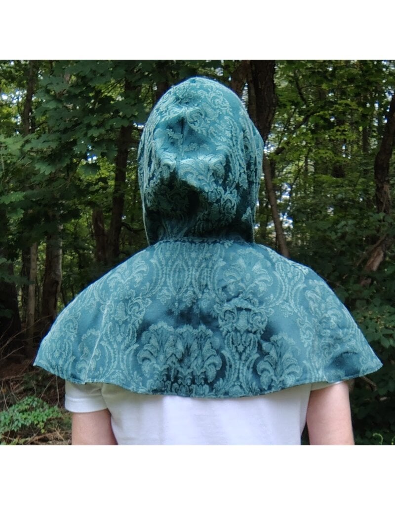Cloakmakers.com 5764-Washable Green Brocade Polyester Short Cloak w/ Byzantine Swirls Clasp