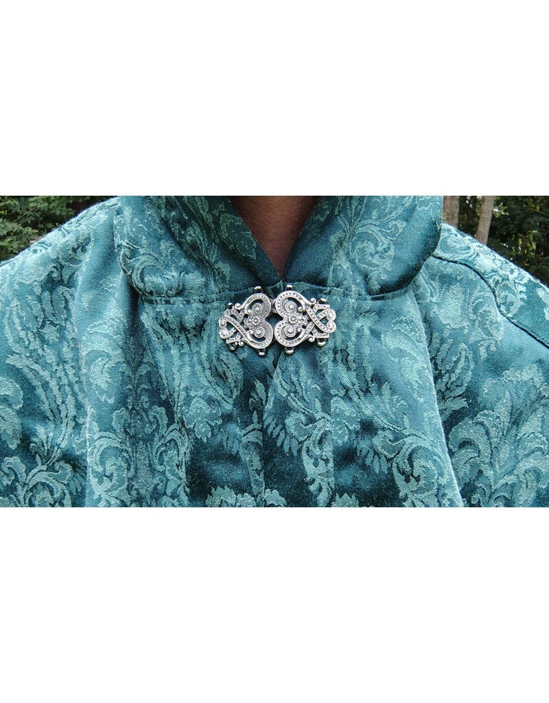 Cloakmakers.com 5764-Washable Green Brocade Polyester Short Cloak w/ Byzantine Swirls Clasp