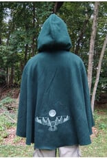 Cloakmakers.com 5766-Washable Green Wool Owl Themed Cloak w/ Tan Faux Suede Hood Lining & Pockets