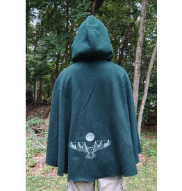 Cloakmakers.com 5766-Washable Green Wool Owl Themed Cloak w/ Tan Faux Suede Hood Lining & Pockets