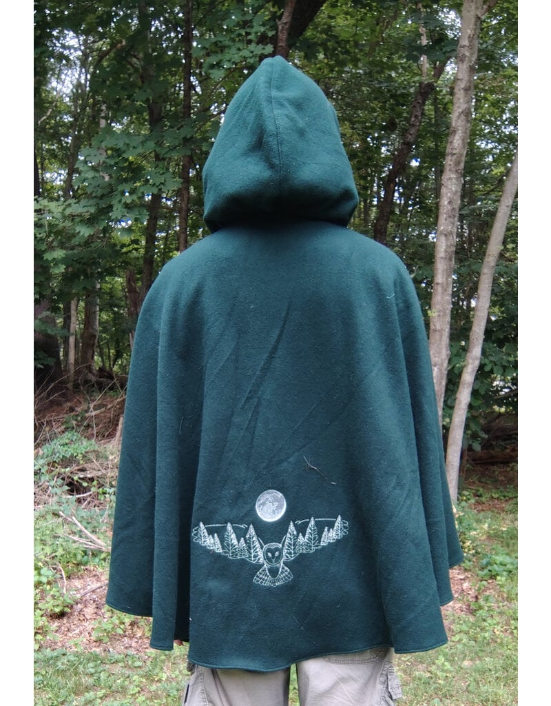Cloakmakers.com 5766-Washable Green Wool Owl Themed Cloak w/ Tan Faux Suede Hood Lining & Pockets