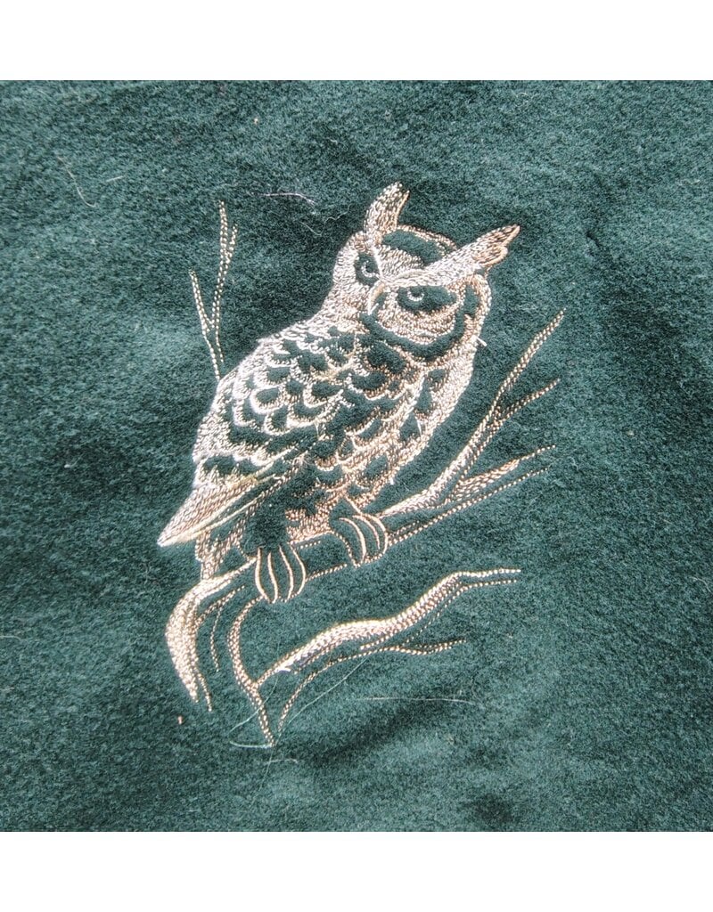 Cloakmakers.com 5766-Washable Green Wool Owl Themed Cloak w/ Tan Faux Suede Hood Lining & Pockets