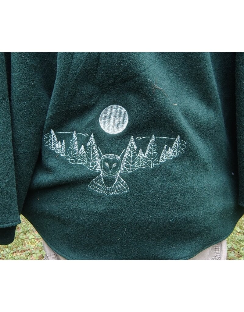 Cloakmakers.com 5766-Washable Green Wool Owl Themed Cloak w/ Tan Faux Suede Hood Lining & Pockets