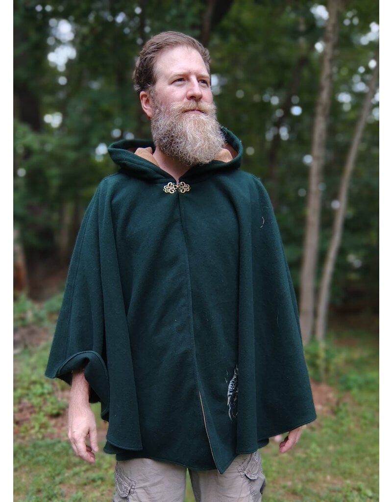 Cloakmakers.com 5766-Washable Green Wool Owl Themed Cloak w/ Tan Faux Suede Hood Lining & Pockets