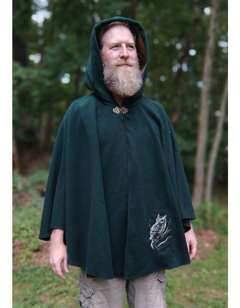 Cloakmakers.com 5766-Washable Green Wool Owl Themed Cloak w/ Tan Faux Suede Hood Lining & Pockets