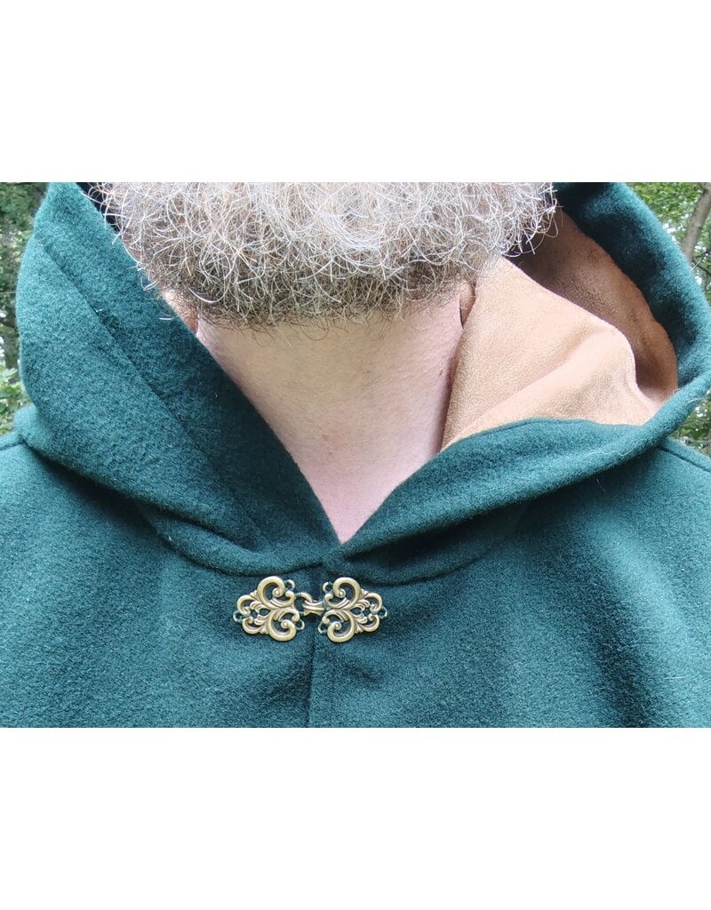 Cloakmakers.com 5766-Washable Green Wool Owl Themed Cloak w/ Tan Faux Suede Hood Lining & Pockets
