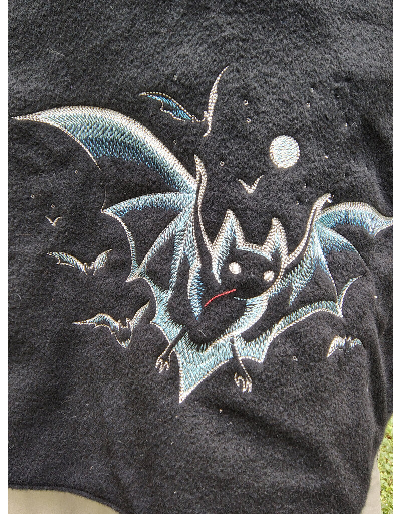 Cloakmakers.com 5767-Washable Black & Blue Wool Cloak w/ Bat Embroidery