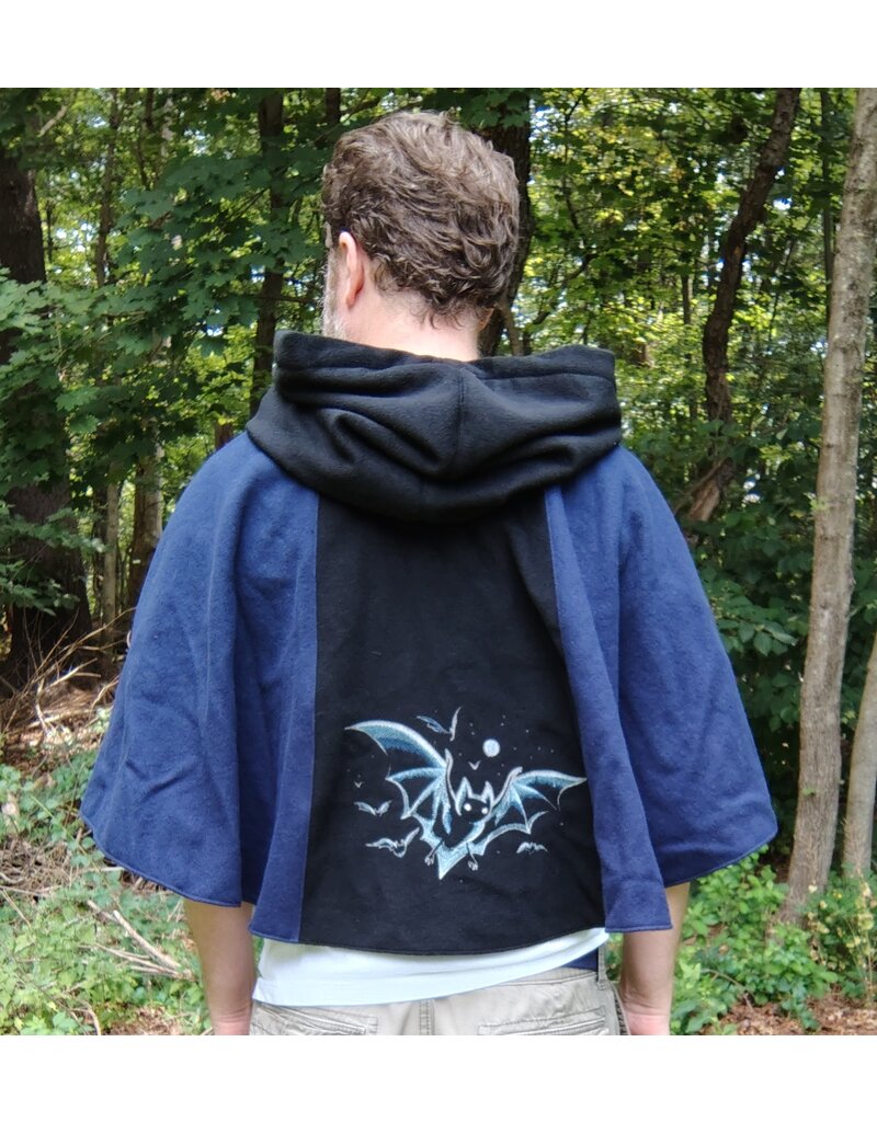 Cloakmakers.com 5767-Washable Black & Blue Wool Cloak w/ Bat Embroidery