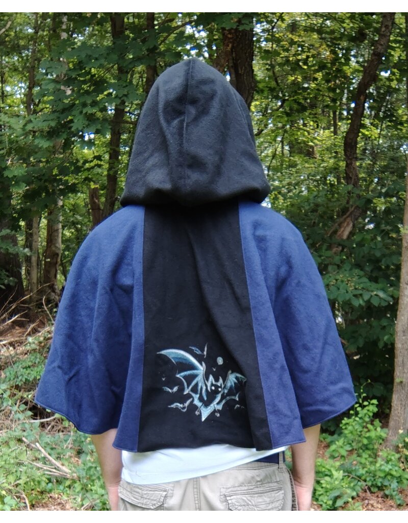 Cloakmakers.com 5767-Washable Black & Blue Wool Cloak w/ Bat Embroidery