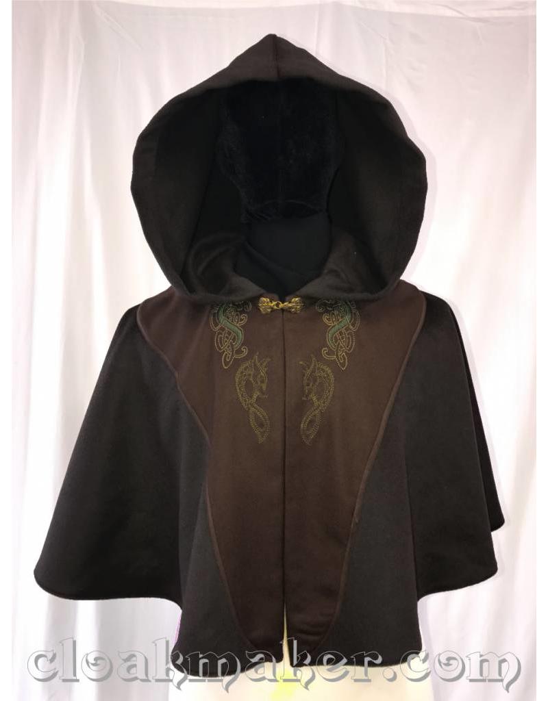 Cloakmakers.com 3588 - Black Wool Cloak Green Hippocampus and Dragon Embroidery