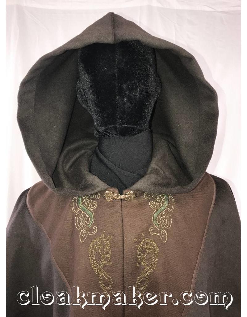 Cloakmakers.com 3588 - Black Wool Cloak Green Hippocampus and Dragon Embroidery