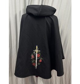 Cloakmakers.com 5772 - Washable Black Ruana W/ Red Hoodling, Sword Rose Embroidery, and Pockets