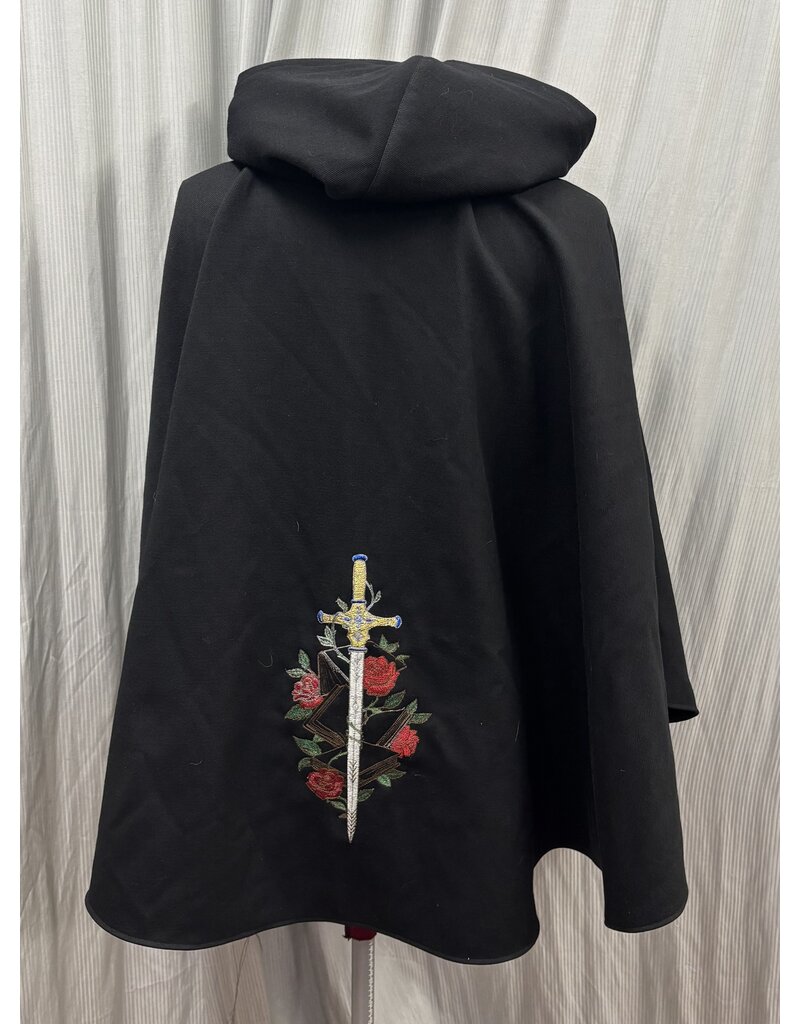 Cloakmakers.com 5772 - Washable Black Ruana W/ Red Hoodling, Sword Rose Embroidery, and Pockets