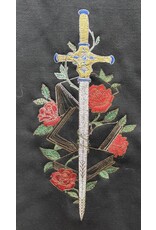 Cloakmakers.com 5772 - Washable Black Ruana W/ Red Hoodling, Sword Rose Embroidery, and Pockets