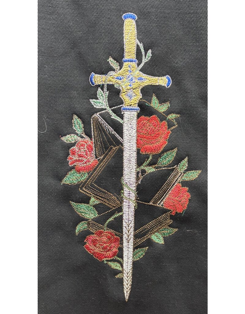 Cloakmakers.com 5772 - Washable Black Ruana W/ Red Hoodling, Sword Rose Embroidery, and Pockets