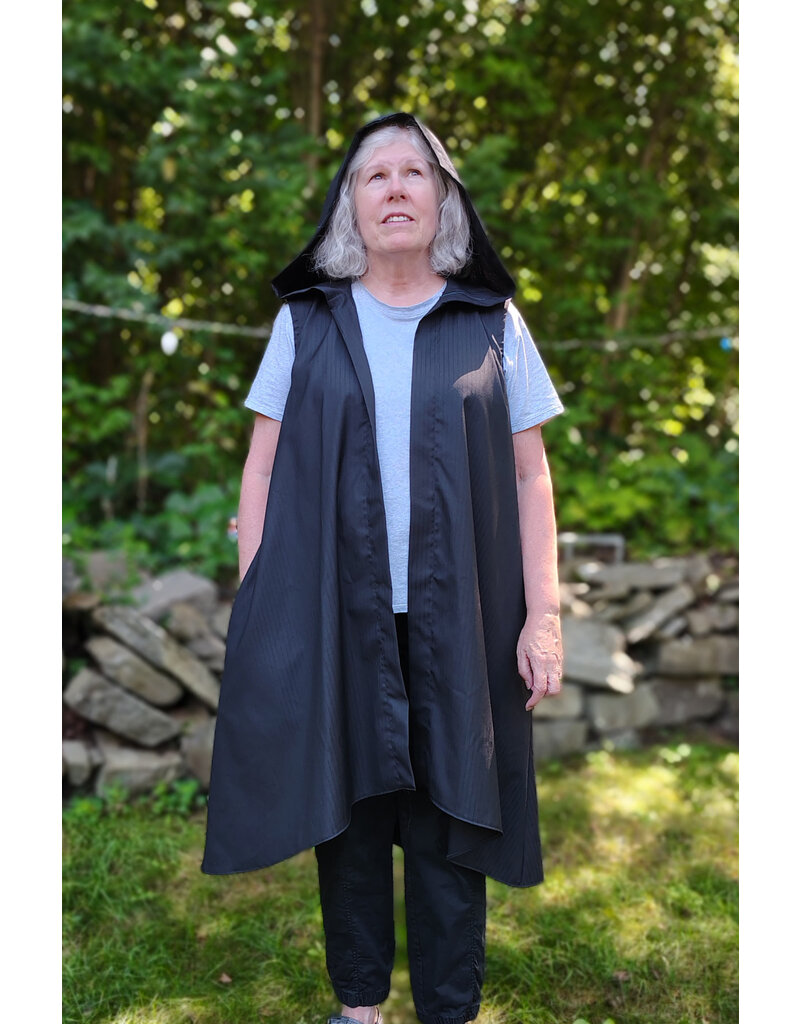 Cloakmakers.com J906-Washable Lightweight Dull Black Hooded Vest w/ Pockets & Pinstripes