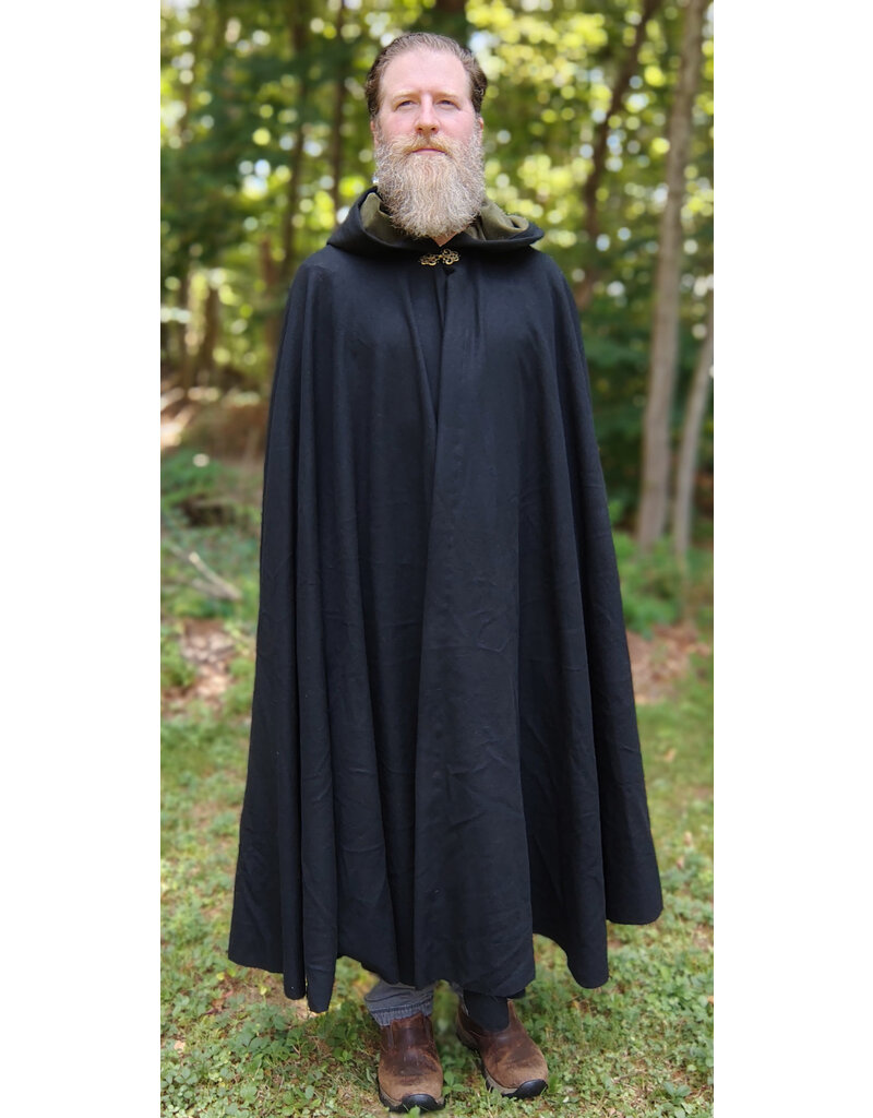 Cloakmakers.com 5782-Washable Black Wool Cloak w/ Olive Green Hood Lining & Bronze Toned Clasp