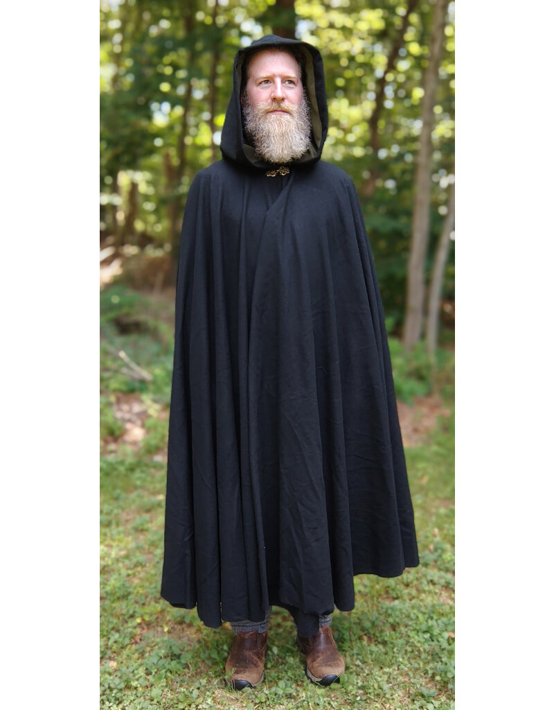 Cloakmakers.com 5782-Washable Black Wool Cloak w/ Olive Green Hood Lining & Bronze Toned Clasp