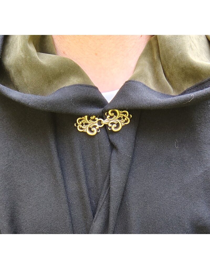 Cloakmakers.com 5782-Washable Black Wool Cloak w/ Olive Green Hood Lining & Bronze Toned Clasp