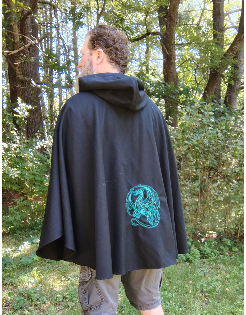 Cloakmakers.com 5795-Washable Black Woven Wool Blend Cloak w/ Green Dragon Embroidery