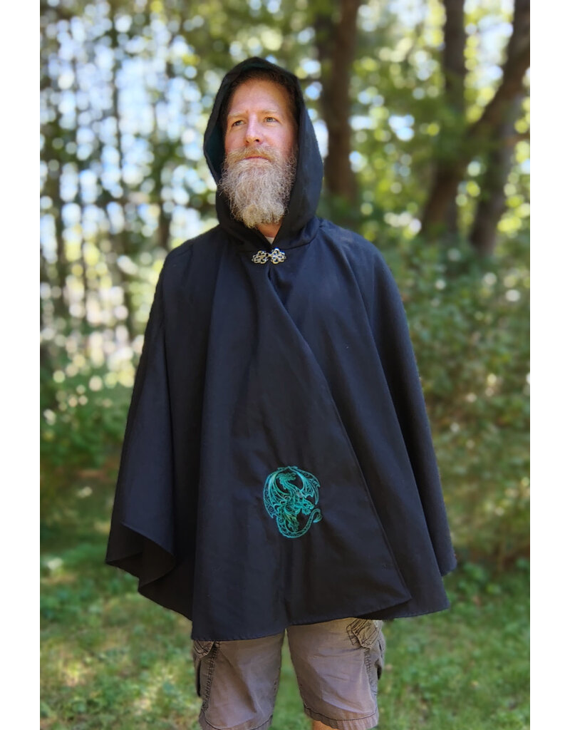 Cloakmakers.com 5795-Washable Black Woven Wool Blend Cloak w/ Green Dragon Embroidery