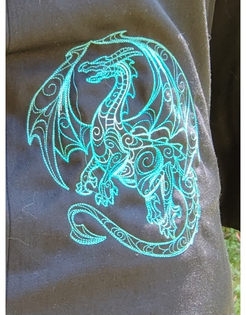 Cloakmakers.com 5795-Washable Black Woven Wool Blend Cloak w/ Green Dragon Embroidery
