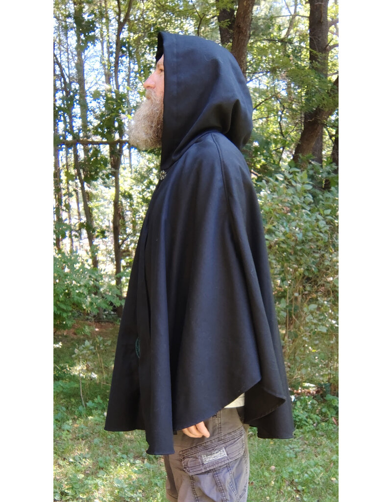 Cloakmakers.com 5795-Washable Black Woven Wool Blend Cloak w/ Green Dragon Embroidery